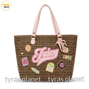 Juicy Couture “Run The World” Logo Patch Tote Bag Pink Brown Y2K Shoulder Bag